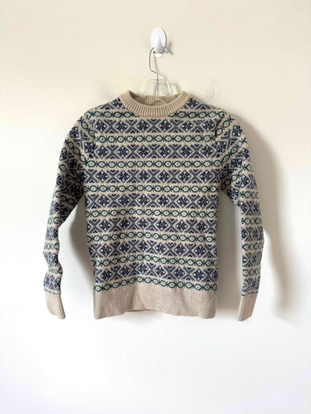 J.Crew Lambswool Fair Isle Knit Crewneck Sweater Small Beige Blue Green
